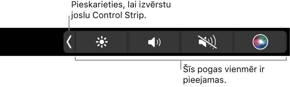 Daļējs ekrāns ar noklusējuma Touch Bar, kurā redzama sakļauta josla Control Strip ar pogām, kuras ir pieejamas vienmēr: Spilgtums, skaļums un izslēgta skaņa. Pieskarieties izvēršanas pogai, lai skatītu pilnu Control Strip.