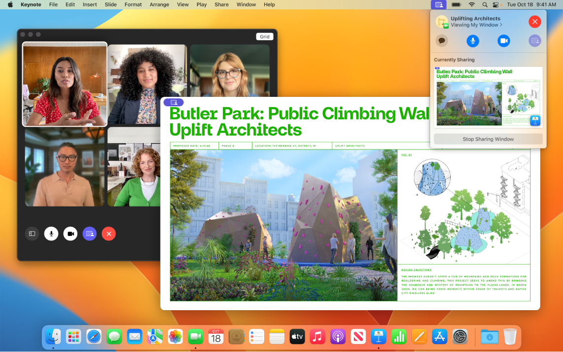 En appdelingsopplevelse med en gruppe FaceTime-deltakere, et åpent Keynote-vindu som de ser, og et mindre vindu med SharePlay-kontrollene.