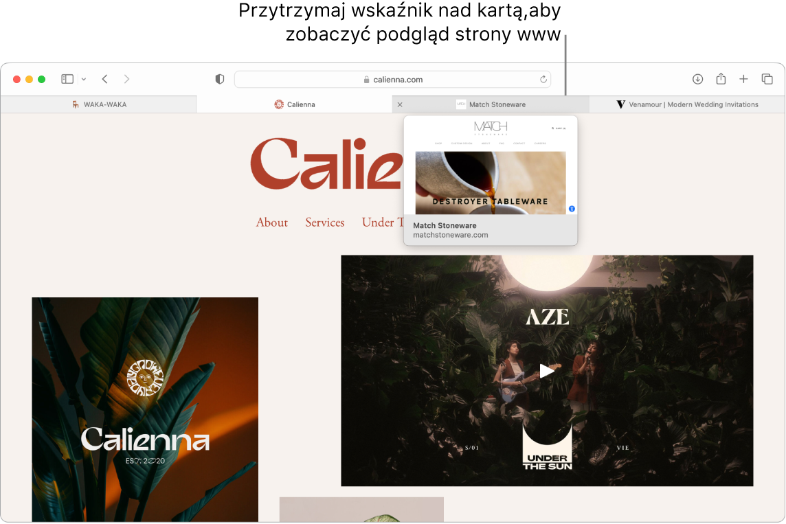 Okno Safari zawierające aktywną stronę zatytułowaną Calienna oraz 3 dodatkowe karty i dymek pomocy opisujący podgląd karty Match Stoneware z tekstem „Przytrzymaj wskaźnik nad kartą, aby zobaczyć podgląd strony www”.