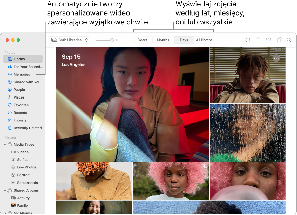 Okno aplikacji Zdjęcia z widoczną etykietą Wspomnienia na pasku bocznym po lewej. Na górze okna aplikacji Zdjęcia znajduje się menu podręczne umożliwiające przeglądanie zdjęć w albumie według dni, miesięcy i lat.