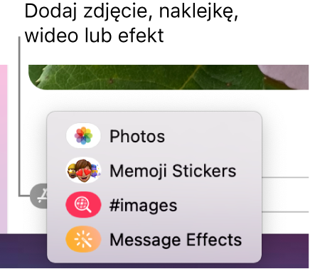 Menu aplikacji z opcjami wyświetlania zdjęć, naklejek Memoji, animacji GIF oraz efektów wiadomości.
