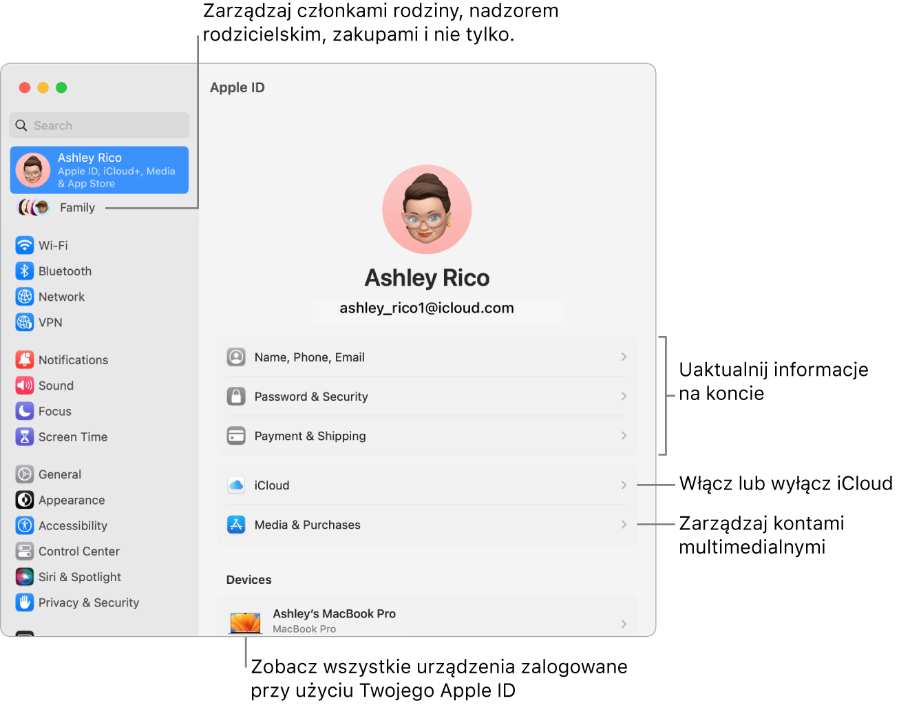 Ustawienia Apple ID w Ustawieniach systemowych z dymkami pomocy do informacji o uaktualnieniu konta, włączaniu lub wyłączaniu funkcji iCloud, zarządzaniu kontami multimedialnymi, oraz chmurą rodzinną, gdzie możesz zarządzać ustawieniami członków rodziny, nadzorem rodzicielskim, zakupami i nie tylko.