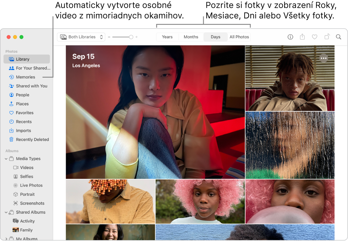 Okno apky Fotky zobrazujúce funkciu Spomienky v ľavom postrannom paneli a vyskakovacie menu v hornej časti okna Fotky, v ktorom môžete zobrazovať fotky v albume podľa dňa, mesiaca a roka.