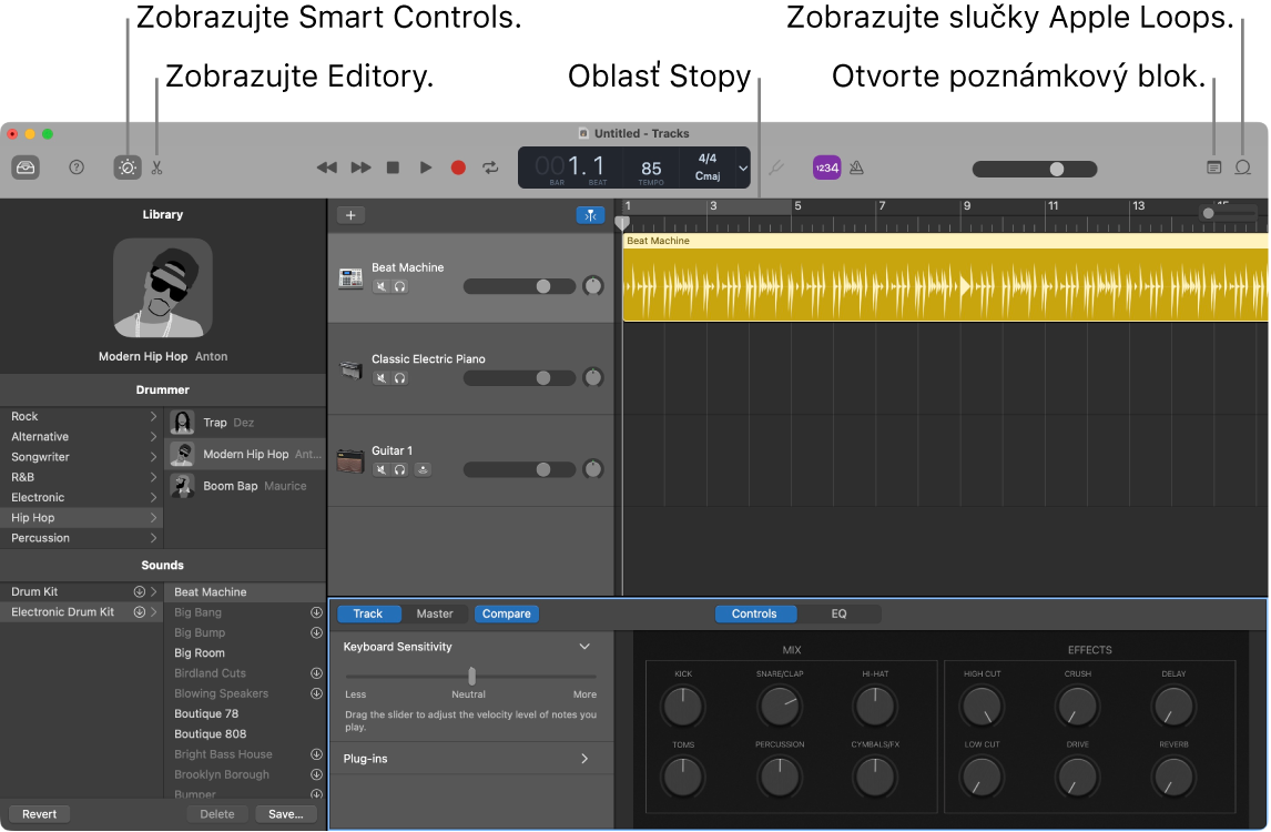 Okno aplikácie GarageBand znázorňujúce tlačidlá na prístup k dynamickému ovládaniu, editorom, poznámkam a súborom Apple Loops. Znázornené je tiež zobrazenie stôp.