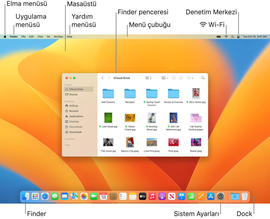 Elma menüsünü, uygulama menüsünü, masaüstünü, Yardım menüsünü, bir Finder penceresini, menü çubuğunu, Wi-Fi simgesini, Denetim Merkezi simgesini, Finder simgesini, Sistem Ayarları simgesini ve Dock’u gösteren bir Mac ekranı.