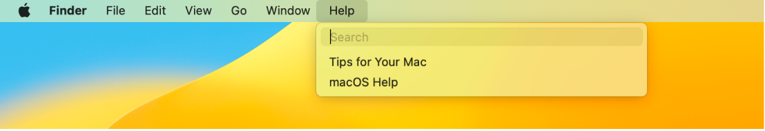 Yardım menüsü açık halde Ara ve macOS Yardım menü seçeneklerini gösteren kısmi masaüstü.