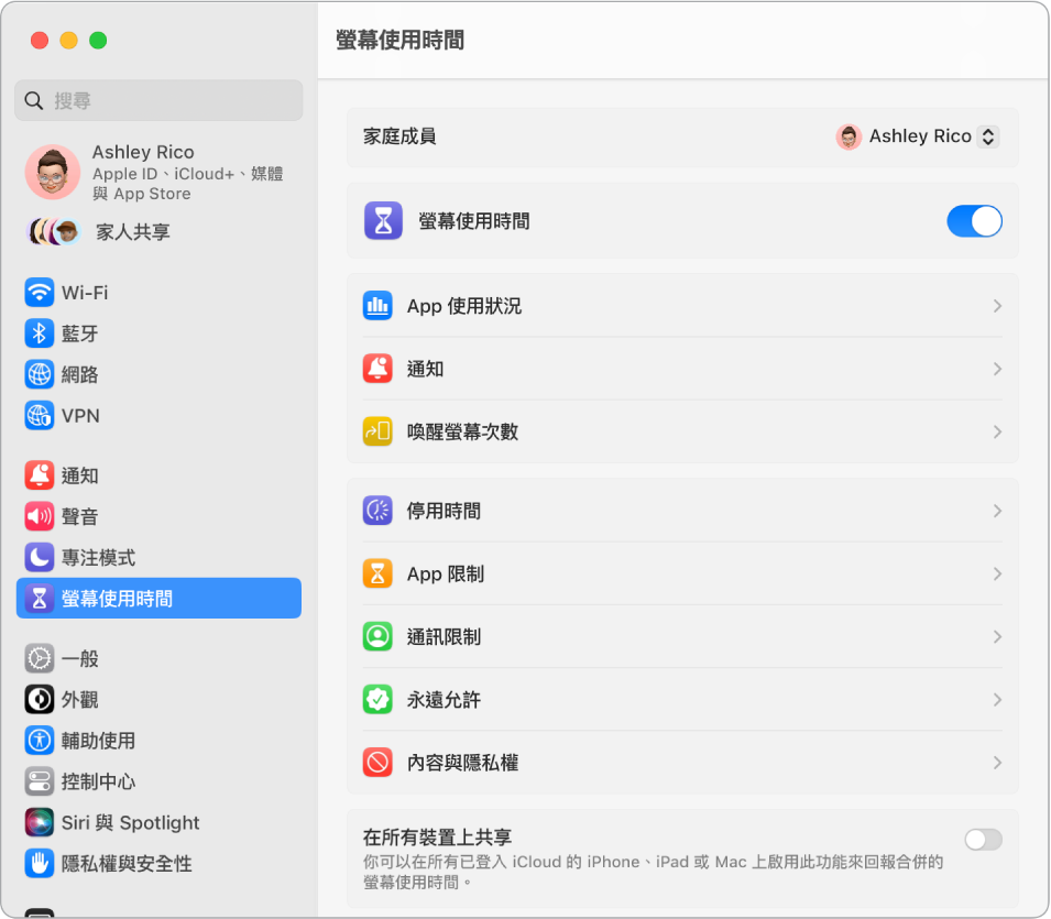 「螢幕使用時間」設定視窗顯示查看「App 使用狀況」、「通知」和「喚醒螢幕次數」的選項,以及管理如排程「停用時間」、設定「App 限制」和「通訊限制」等「螢幕使用時間」的選項。