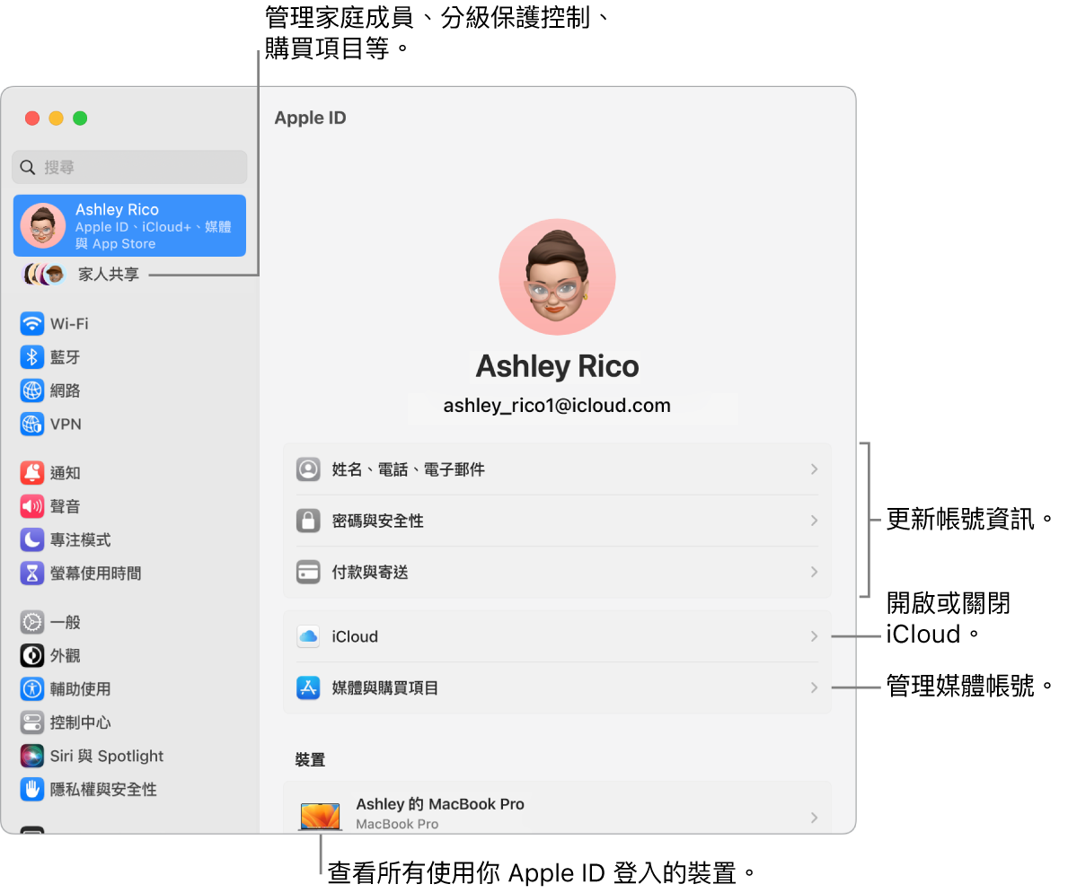 「系統設定」中的 Apple ID 設定包含更新帳號資訊、開啟或關閉 iCloud 功能、管理媒體帳號以及可管理家庭成員、分級保護控制、購買項目和更多內容的「家人共享」的說明框。