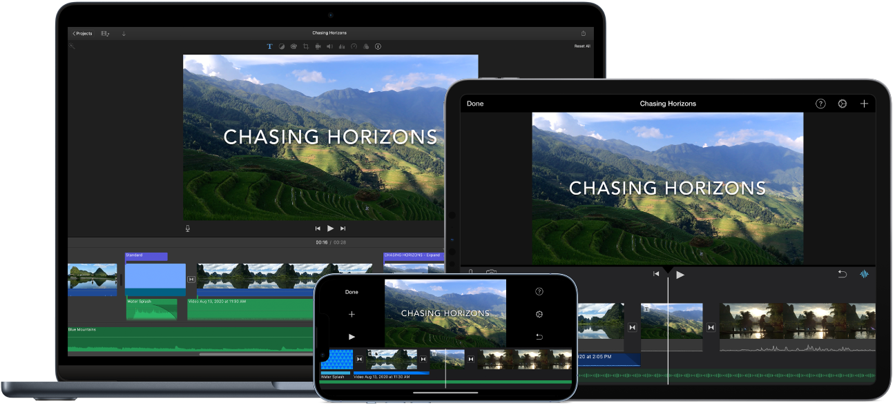 محتوى متماثل معروض على MacBook Air وiPad وiPhone.