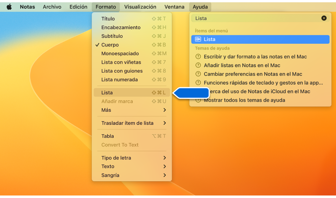 El menú de Ayuda que muestra una búsqueda de “lista” y el comando “Lista con viñetas” resaltado en la lista de resultados y en el menú Formato.