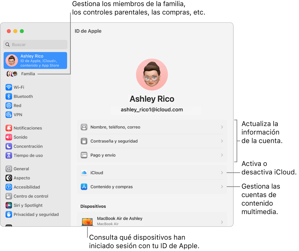 Los ajustes del ID de Apple en Ajustes del Sistema con llamadas para actualizar la información de la cuenta, activar o desactivar las funciones de iCloud, gestionar las cuentas de redes sociales y Familia, donde puedes gestionar los miembros de la familia, el control parental, las compras y mucho más.