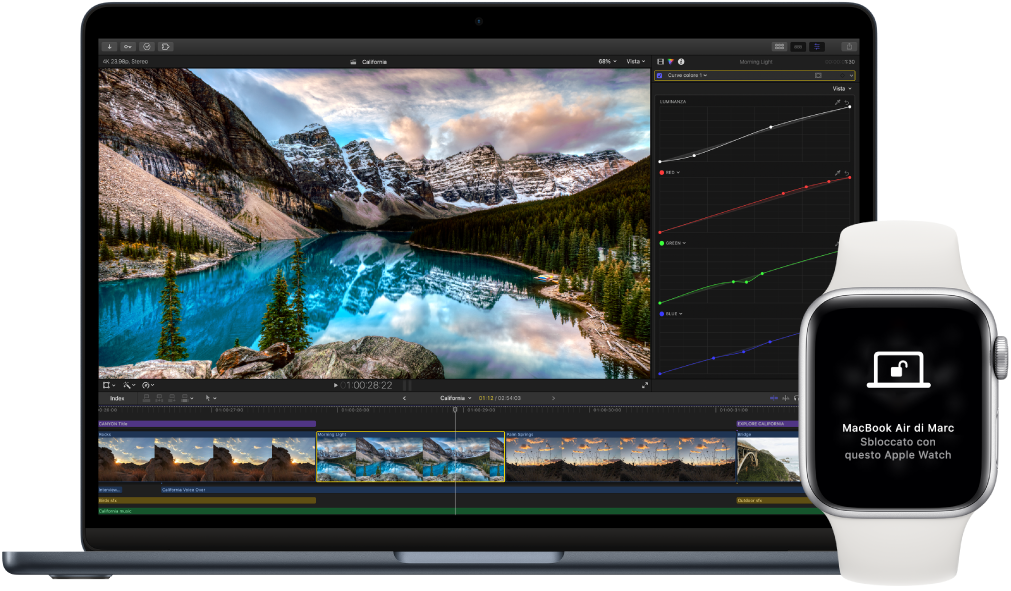 MacBook Air, accanto a un Apple Watch che mostra un messaggio che comunica che il Mac è stato sbloccato dall'orologio.