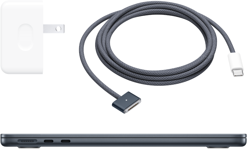 MacBook Airの側面図。同梱のアクセサリがあります。