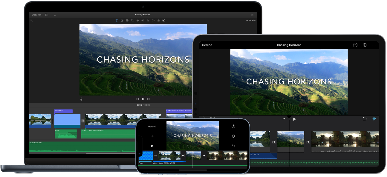 Identieke inhoud weergegeven op een MacBook Air, een iPad en een iPhone.
