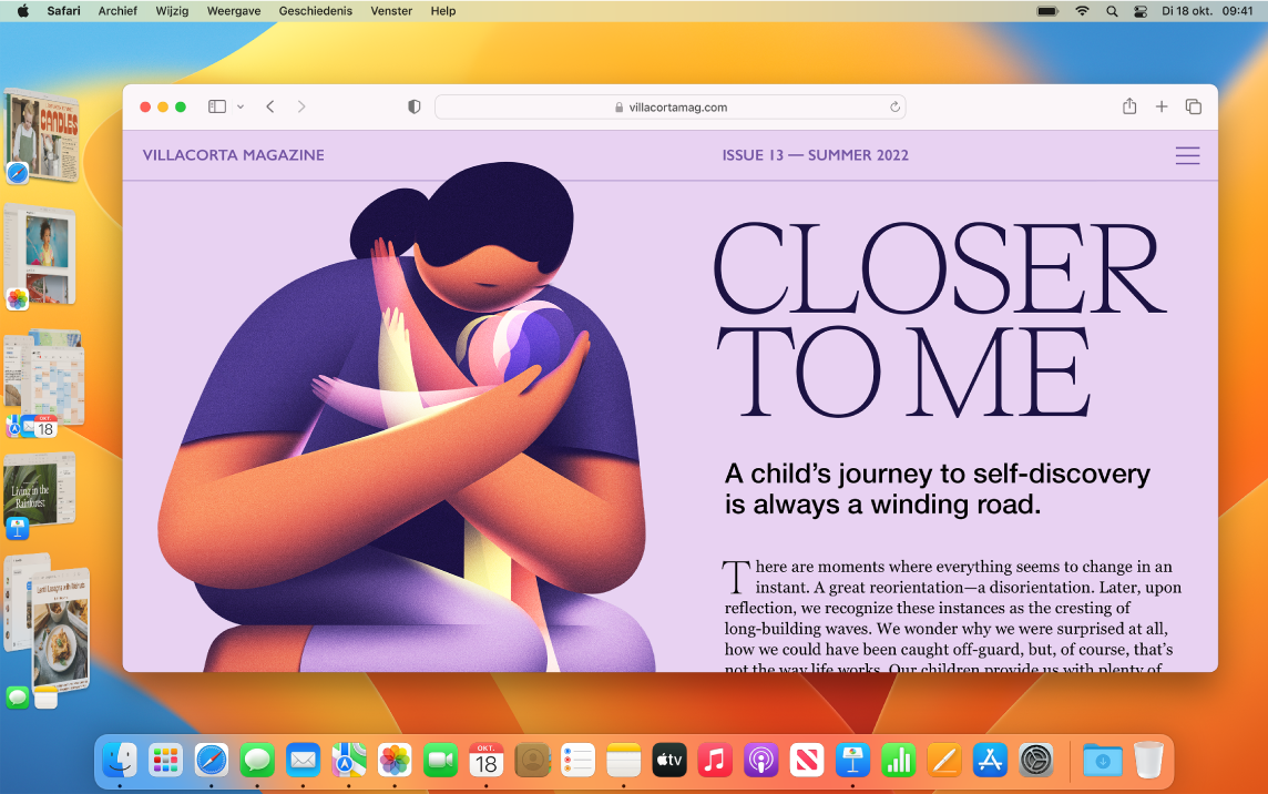 Een scherm met Safari in het midden en andere geopende apps aan de linkerkant in Stage Manager.