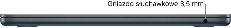 MacBook Air widziany z prawej strony. Na ilustracji widoczne są objaśnienia gniazda słuchawek 3,5 mm.