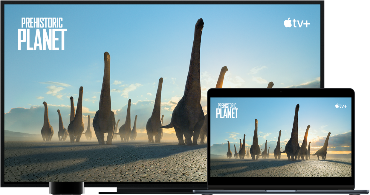 MacBook Air ที่เนื้อหาสะท้อนอยู่บน HDTV ขนาดใหญ่โดยใช้ Apple TV