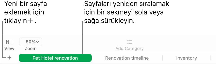 Nasıl yeni sayfa ekleyeceğinizi ve sayfaların sırasını değiştirebileceğinizi gösteren Numbers penceresi.