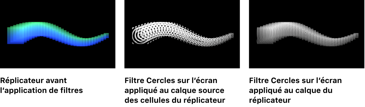 Canevas affichant une comparaison « avant et après » de réplicateurs avec filtre appliqué au calque de cellule source