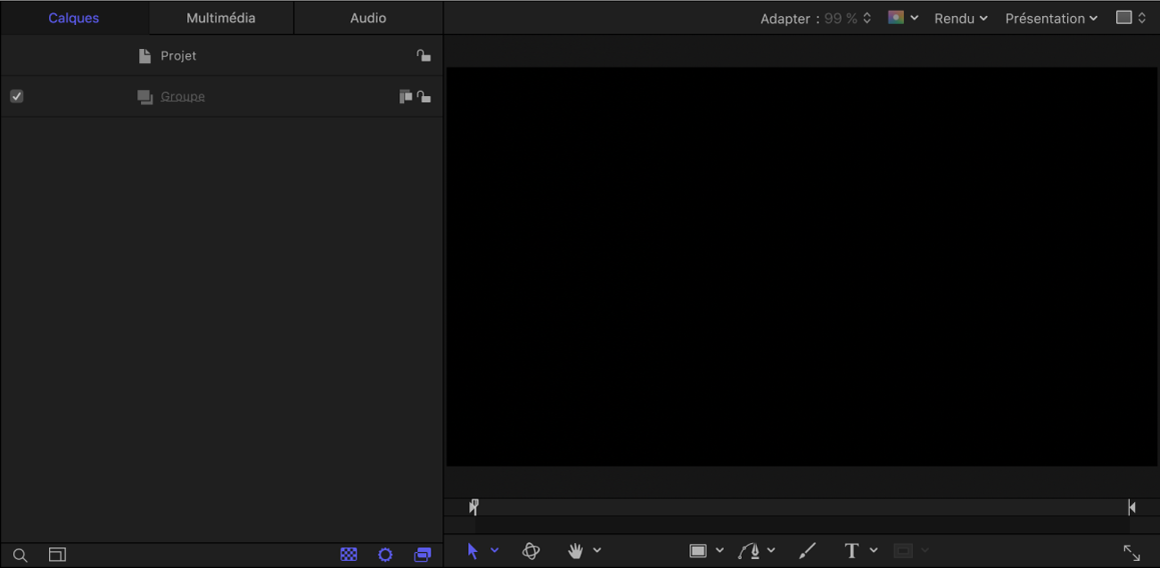 Nouveau projet de générateur Final Cut affichant la liste Calques et le canevas