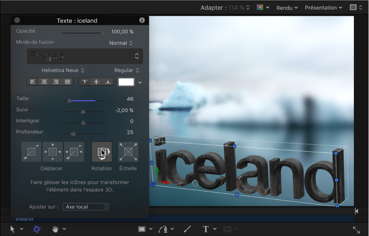 Ajustement dans la palette 3D pour faire pivoter le texte 3D.