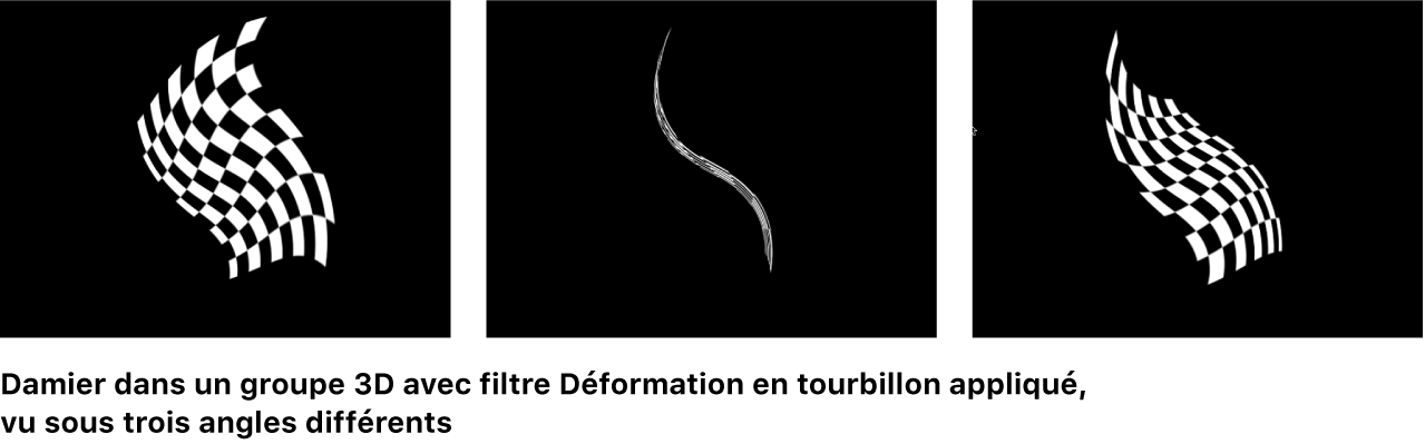 Canevas affichant un damier dans un groupe 3D auquel le filtre Déformation en tourbillon est appliqué