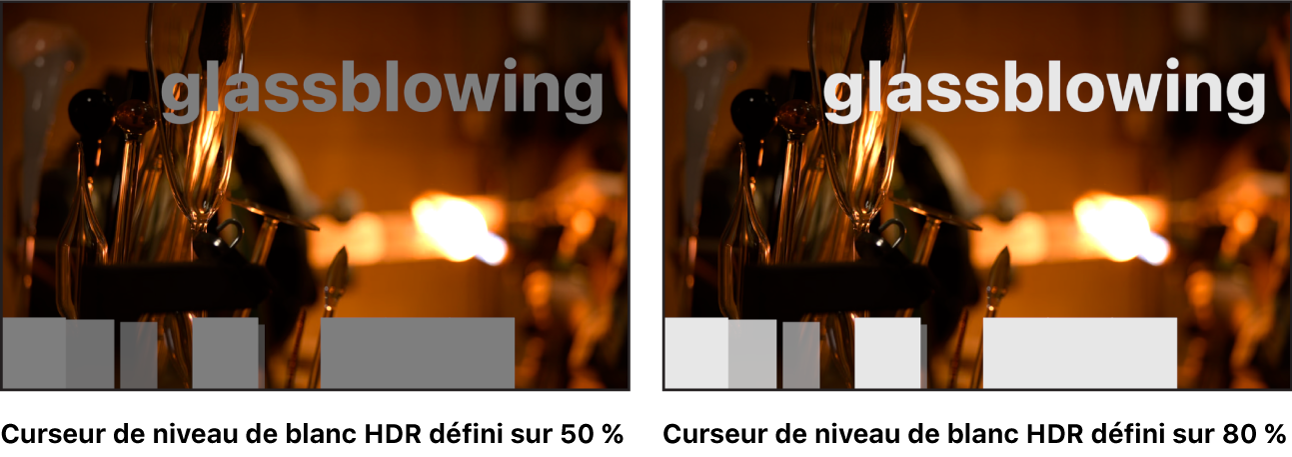 Canevas montrant les effets d’ajuster le curseur « Niveau de blanc HDR » dans un projet HLG avec des éléments SDR blancs.