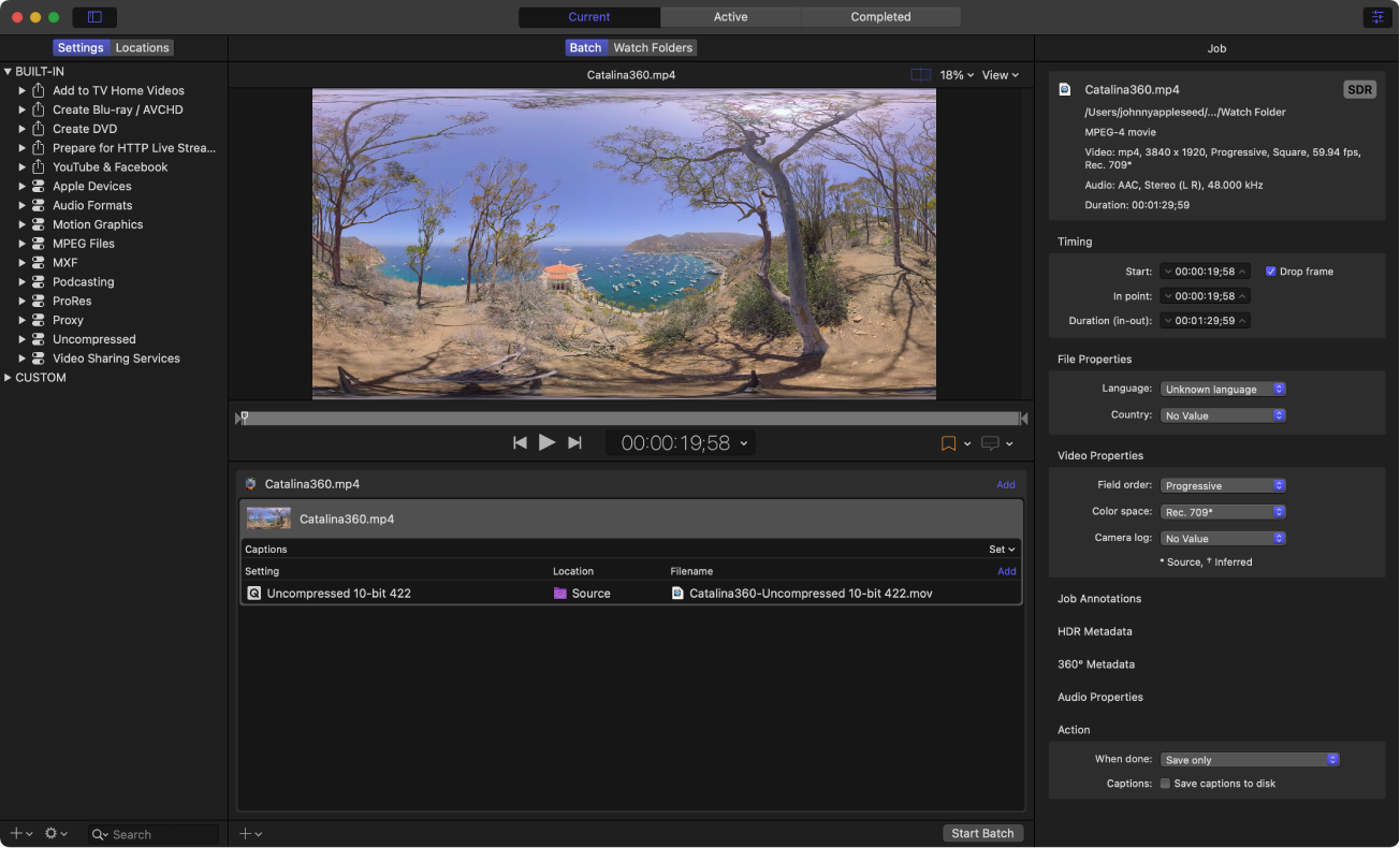 Compressorのメインウインドウ。360°ソースファイルが表示されています。