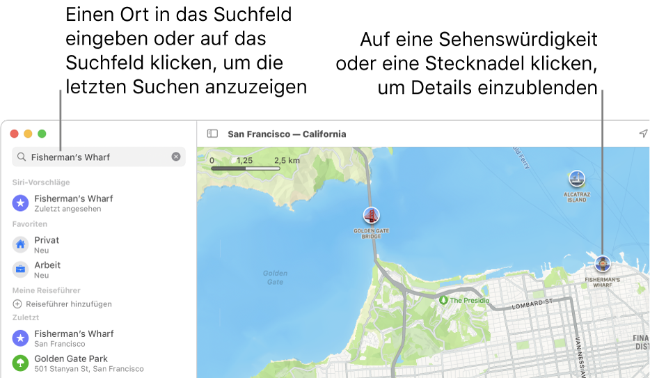 Gib einen Ort in das Suchfeld ein oder klicke auf das Suchfeld, um die letzten Suchen anzuzeigen. Klicke auf eine Sehenswürdigkeit oder eine Stecknadel, um Details einzublenden.