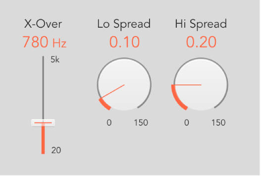 Controles de Space Designer X-Over, “Lo Spread” y “Hi Spread”.