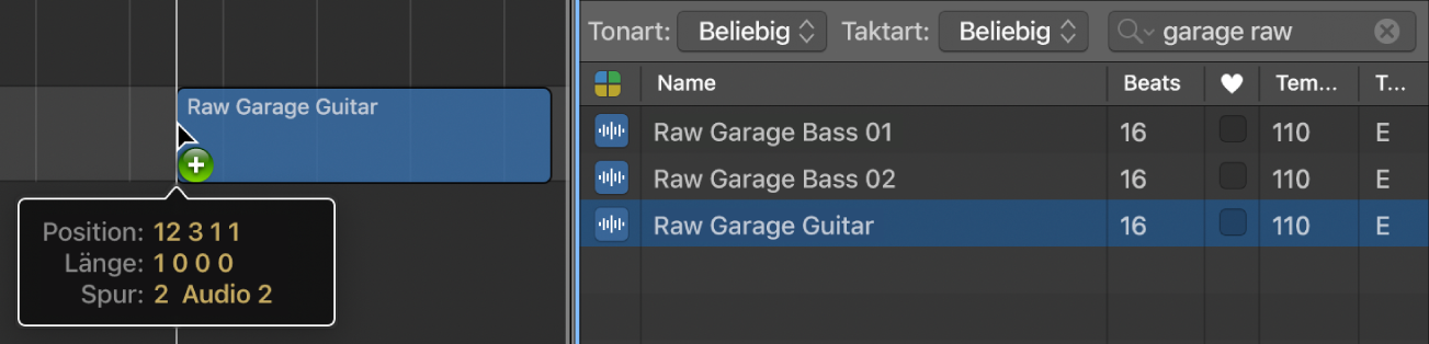 Abbildung. Bewegen eines Loops aus der Loopübersicht in den Bereich „Spuren“. Der Info-Text zeigt die Loop-Position an.