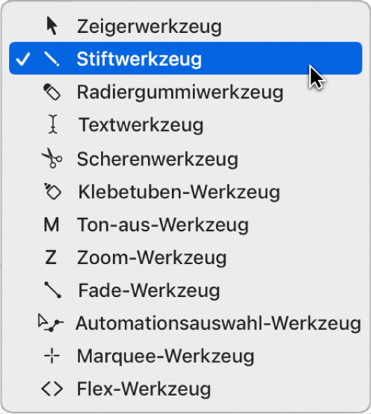 Abbildung. Das Werkzeugmenü des Pianorolleneditors mit dem ausgewählten Stiftwerkzeug