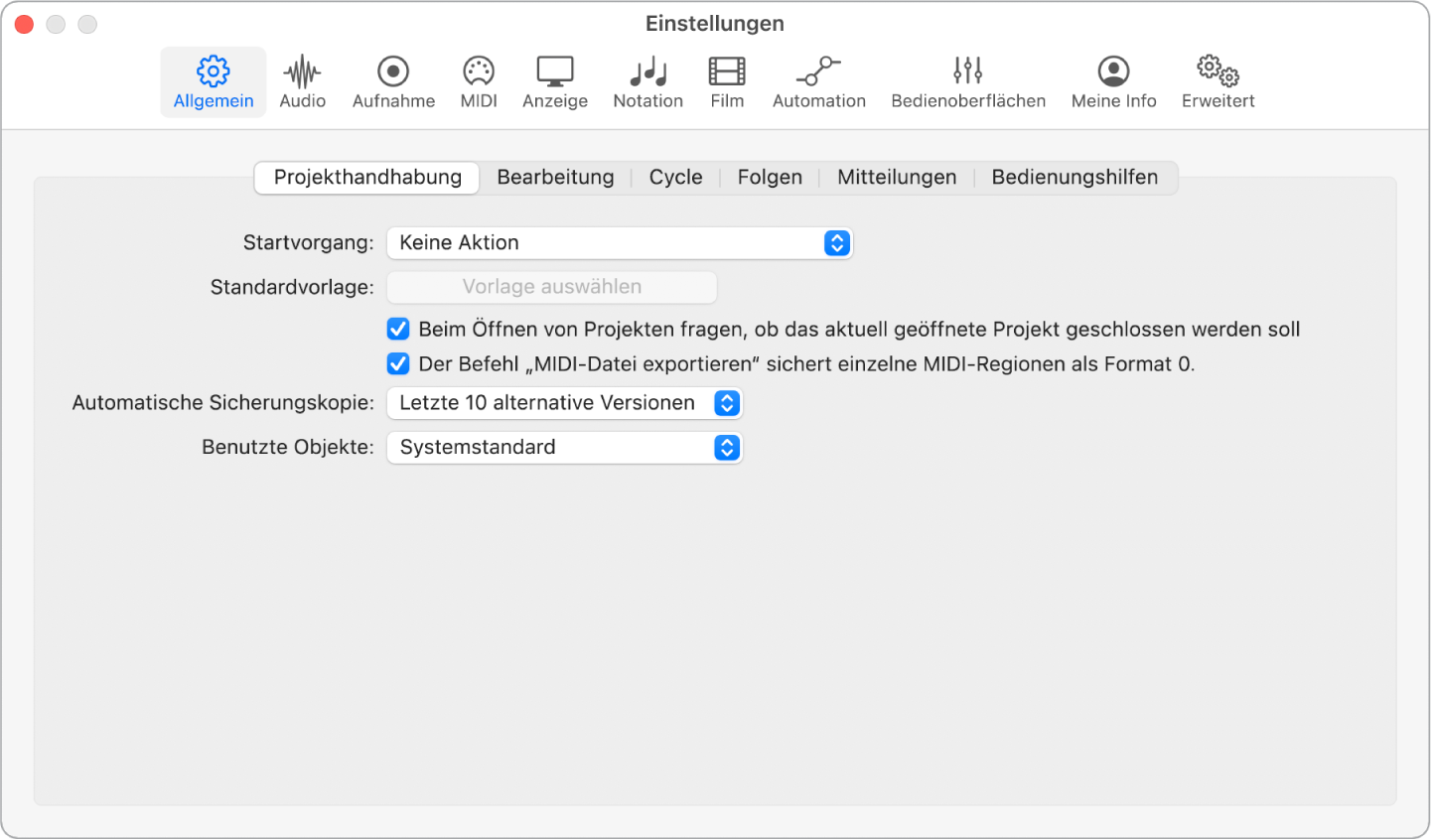 Abbildung. Einstellungsbereich „Allgemein“ > „Projekthandhabung“