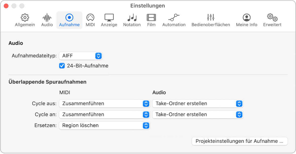 Abbildung. Einstellungsbereich „Aufnahme“