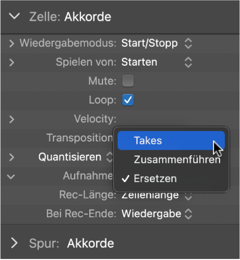 Abbildung. Das Einblendmenü „Aufnahme“ mit den Aufnahmemodi im Informationsfenster „Zelle“