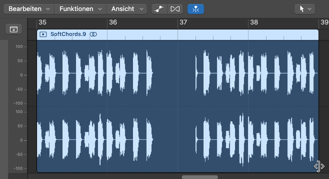 Abbildung. Der Trimmzeiger über dem unteren rechten Rand einer Audioregion im Audiospureditor