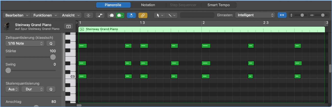 Abbildung. Pianorolleneditor mit einer MIDI-Region mit Noten-Events