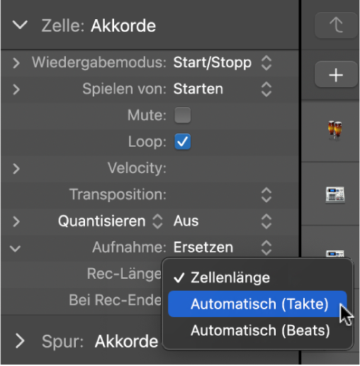Abbildung. Das Einblendmenü „Aufnahmelänge“ im Informationsfenster „Zelle“