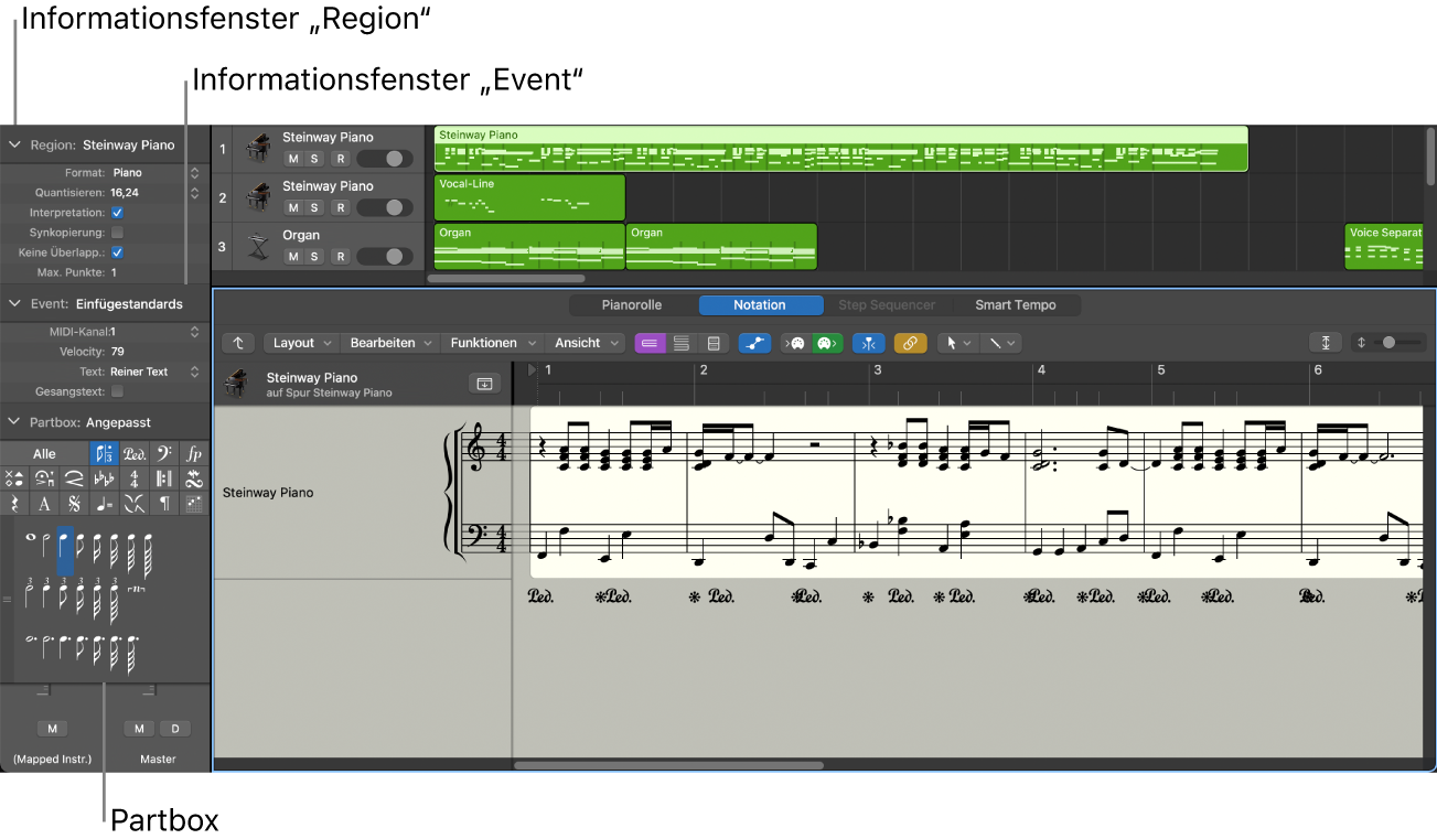 Abbildung. Event-Parameterbox, Anzeigeparameterbox und Partbox im Informationsfenster