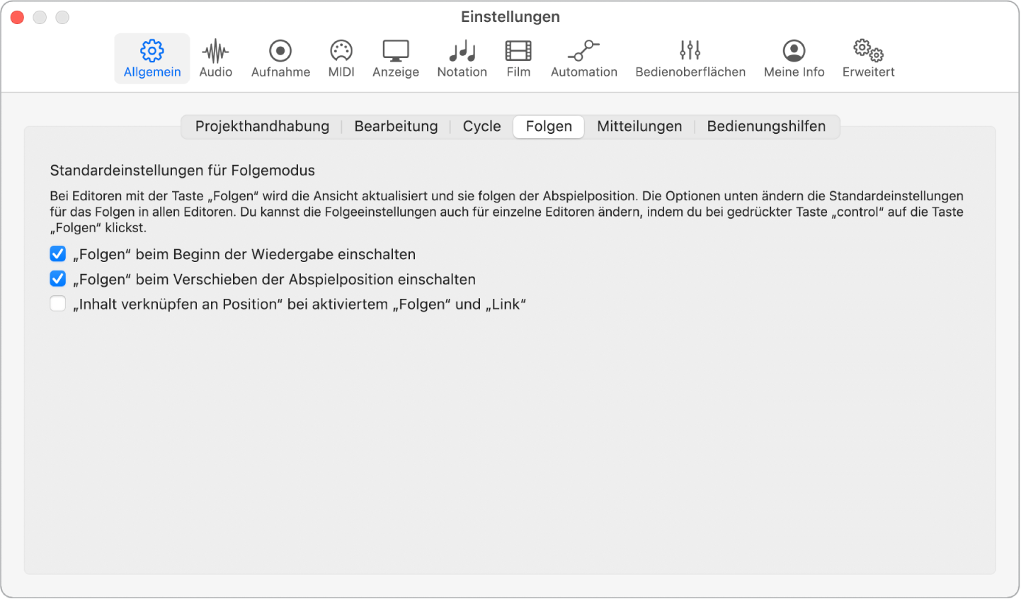 Abbildung. Einstellungsbereich „Allgemein“ > „Folgen“