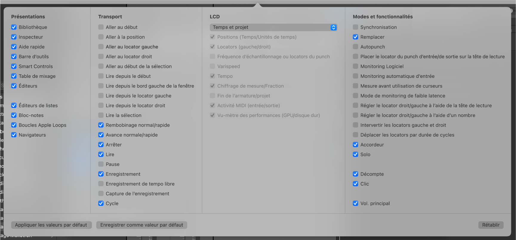Figure. Zone de dialogue « Personnaliser la barre de transport ».