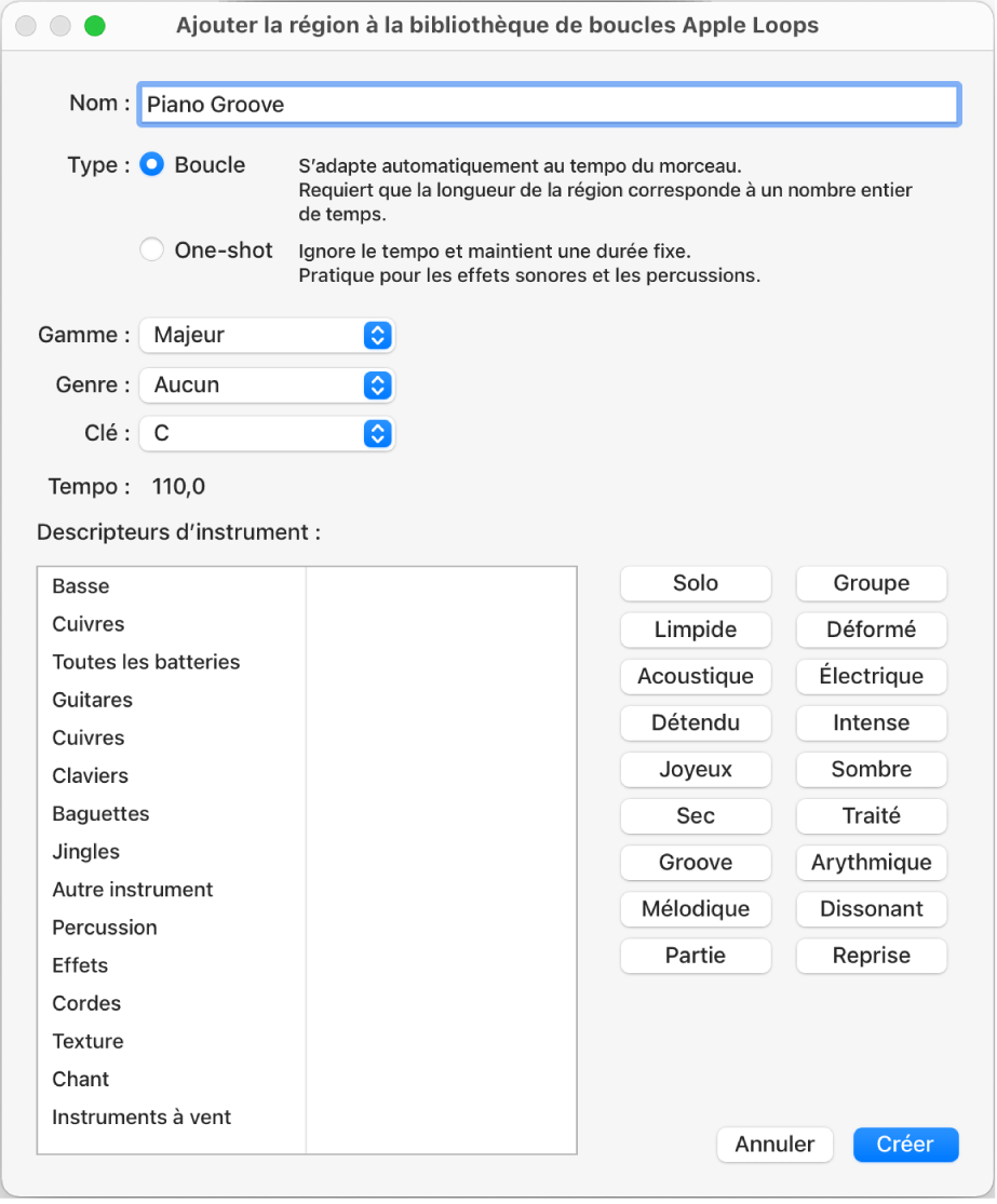 Figure. Zone de dialogue Ajouter la région à la bibliothèque de boucles Apple Loops.