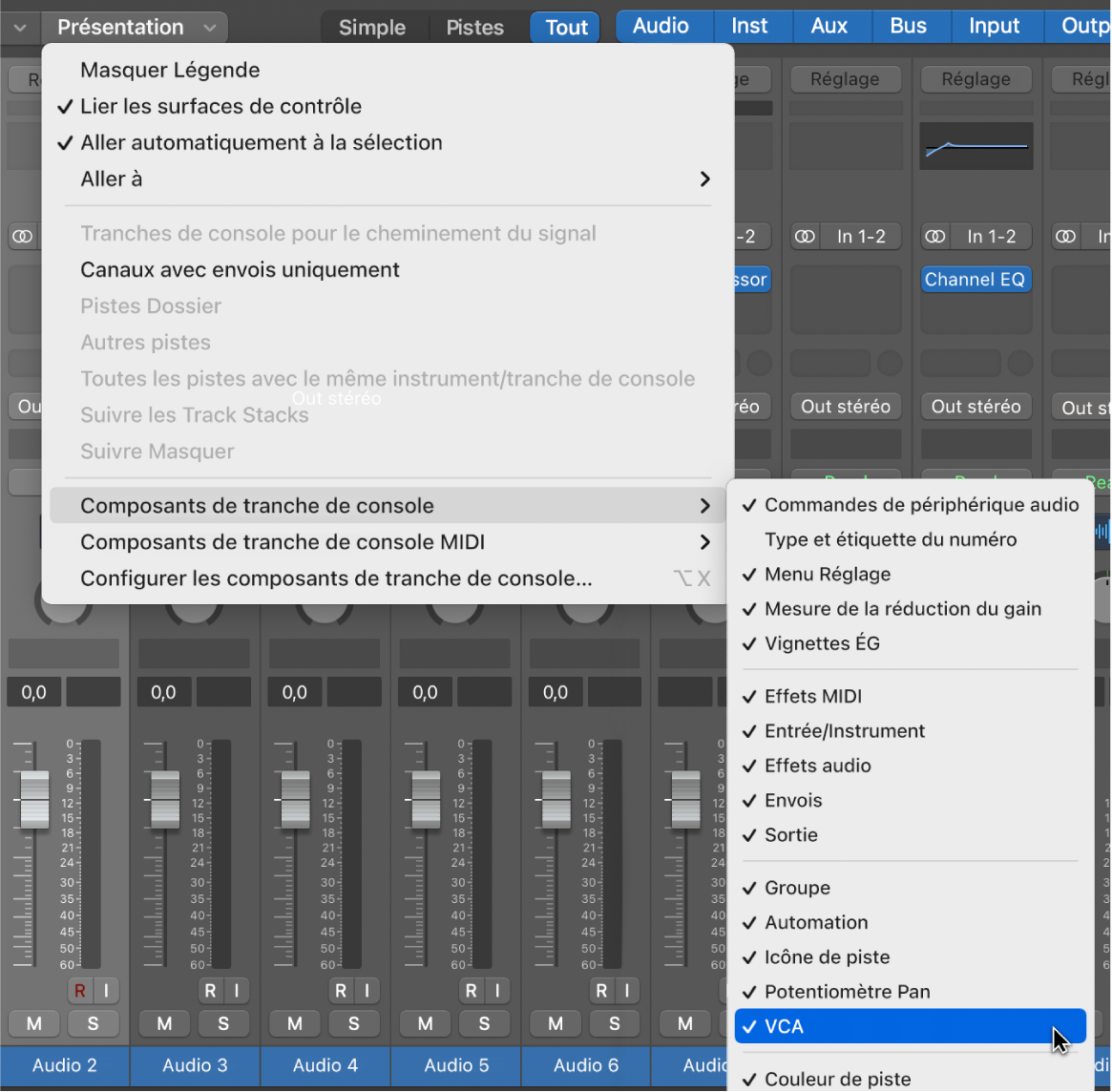 Figure. Sous-menu « Composants de tranche de console » dans le menu Présentation de la table de mixage.