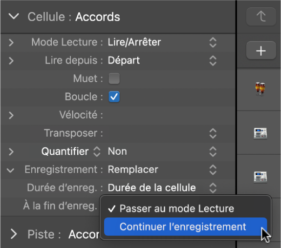 Figure. Menu local des réglages « À la fin d’enreg. » dans l’inspecteur de cellule.