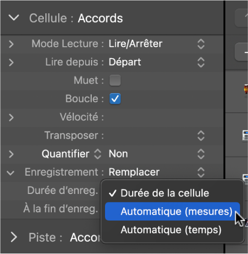 Figure. Menu local des réglages « Durée d’enreg. » dans l’inspecteur de cellule.