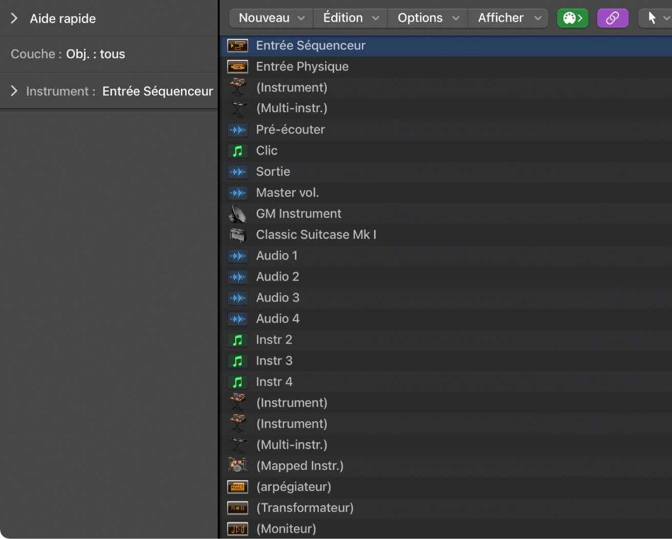 Figure. Fenêtre Environnement affichant la couche « Obj. : tous ».