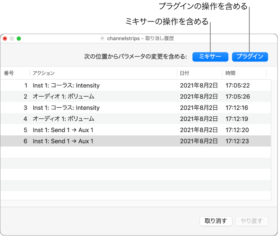 図。アクションを含める対象として「ミキサー」と「プラグイン」の両方のボタンがオンになった取り消し履歴。