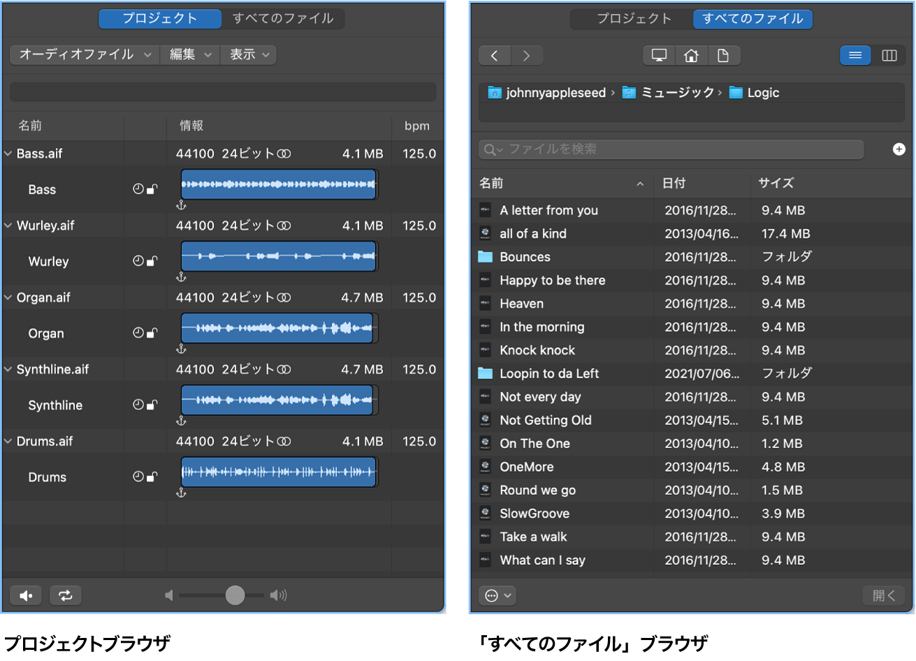 図。プロジェクト・オーディオ・オーディオと「すべてのファイル」ブラウザ。