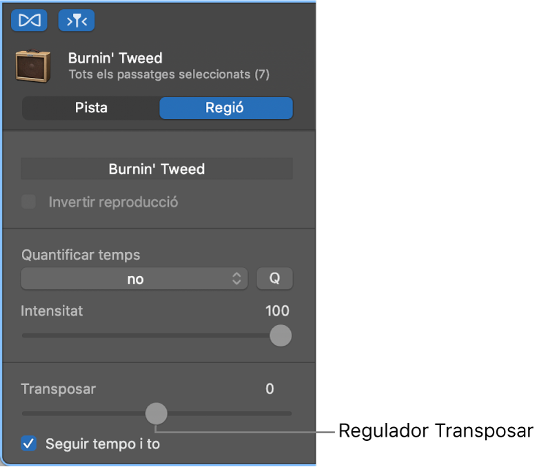 L’inspector de l’editor d’àudio en mode Passatge, amb el regulador Transposar.