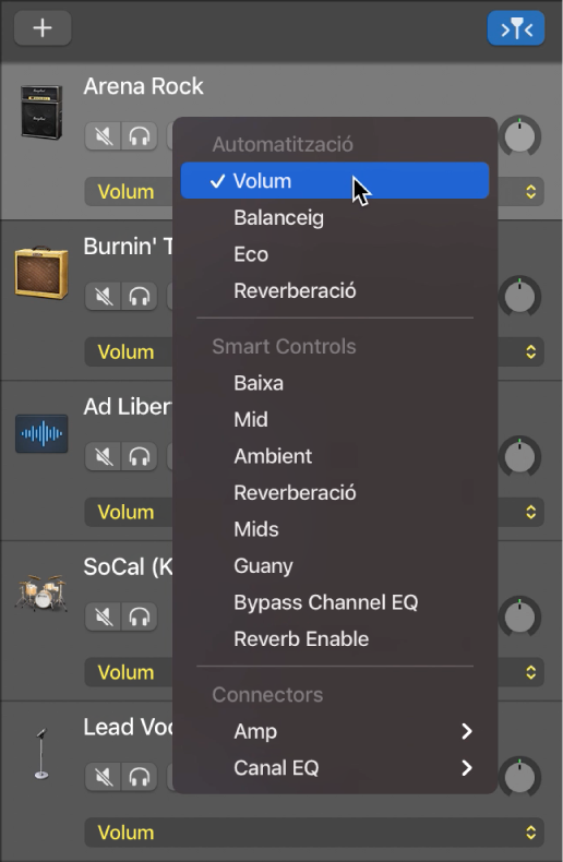 Menú desplegable “Paràmetre d’automatització” desplegat.
